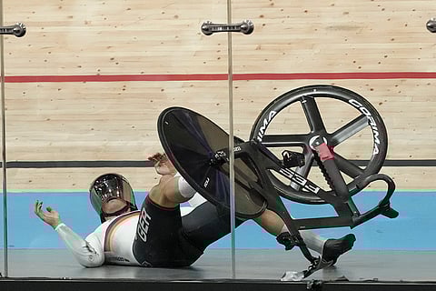 Paris Olympics Cycling: Luca Spiegel of Germany crashes during men's keirin event